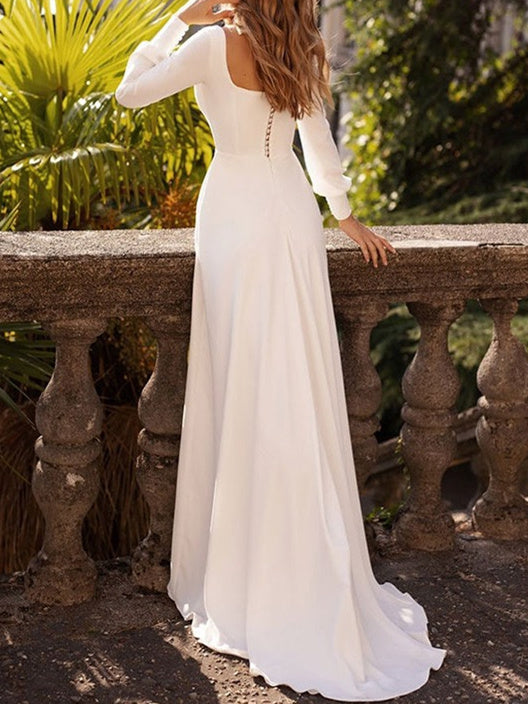 A-Line/Princess Square Neck Long Sleeve Floor-Length Wedding Dress BabaMila