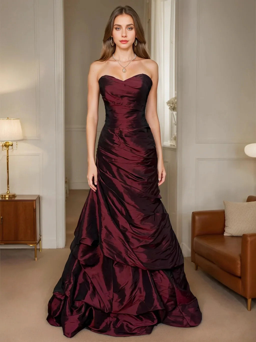 Trumpet/Mermaid Strapless Sleeveless Floor-Length Taffeta Prom Dresses with Sequins & Ruffles BabaMila