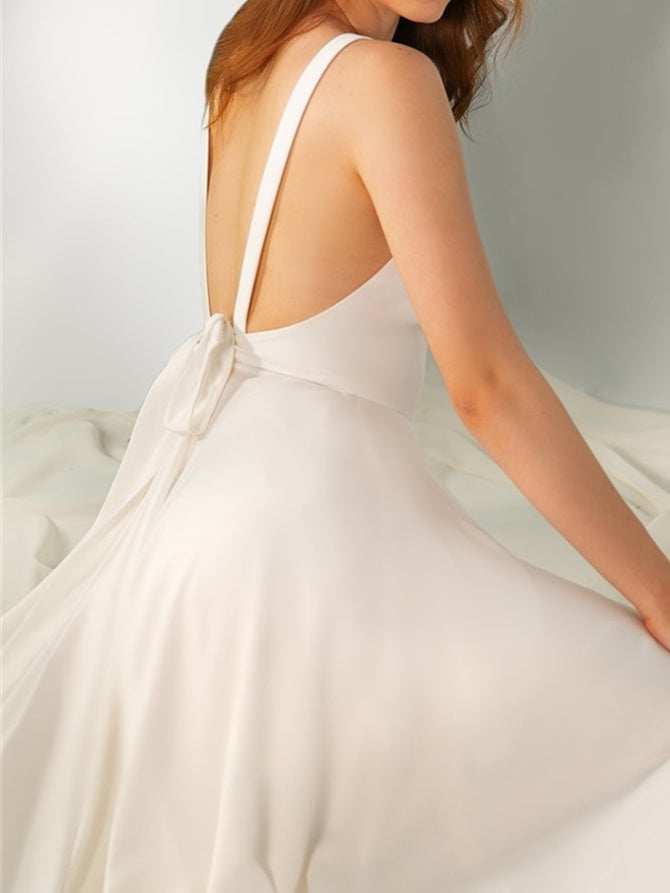 A-Line/Princess V Neck Floor-Length Wedding Dress With Bow/Split Side BabaMila
