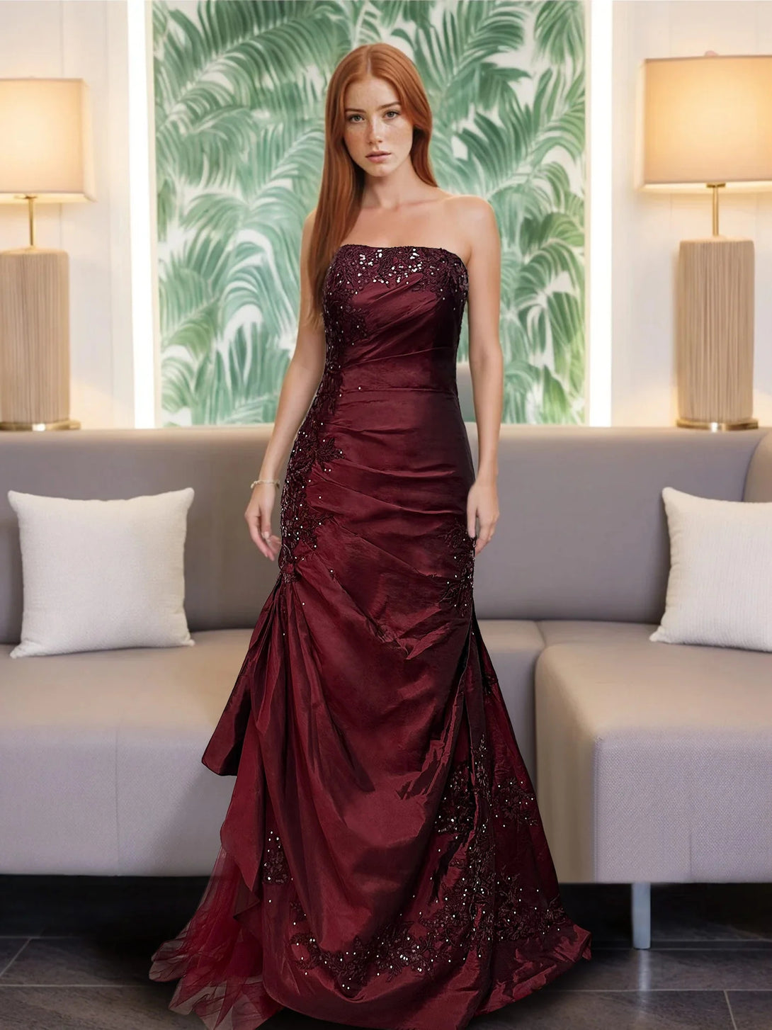 Trumpet/Mermaid Strapless Sleeveless Floor-Length Taffeta Prom Dresses with Ruffles，Embroidery & Beadings BabaMila