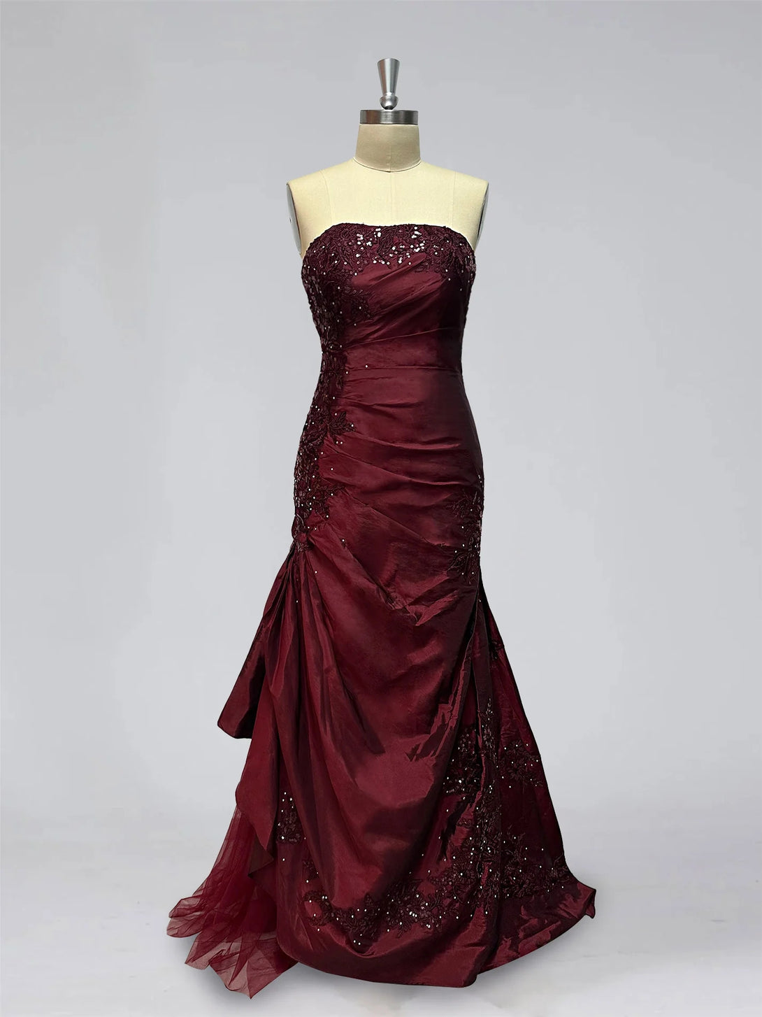 Trumpet/Mermaid Strapless Sleeveless Floor-Length Taffeta Prom Dresses with Ruffles，Embroidery & Beadings BabaMila