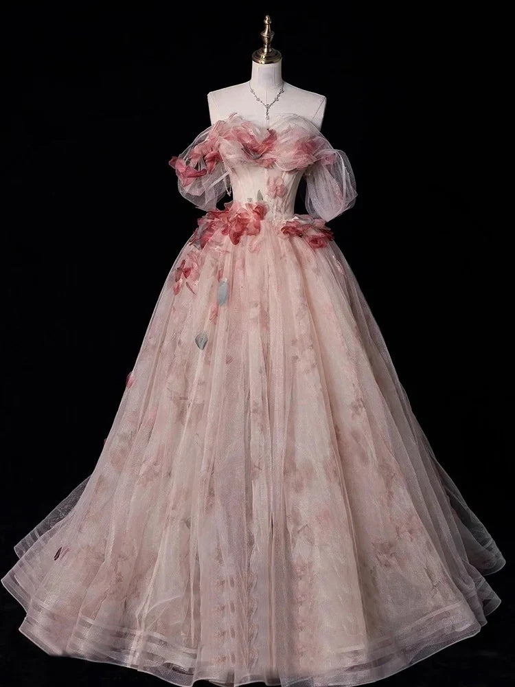 Ball Gown Off-The-Shoulder Sleeveless Floor-length Floral Long Prom Dresses with Flowers BabaMila