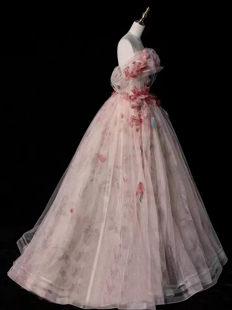 Ball Gown Off-The-Shoulder Sleeveless Floor-length Floral Long Prom Dresses with Flowers BabaMila