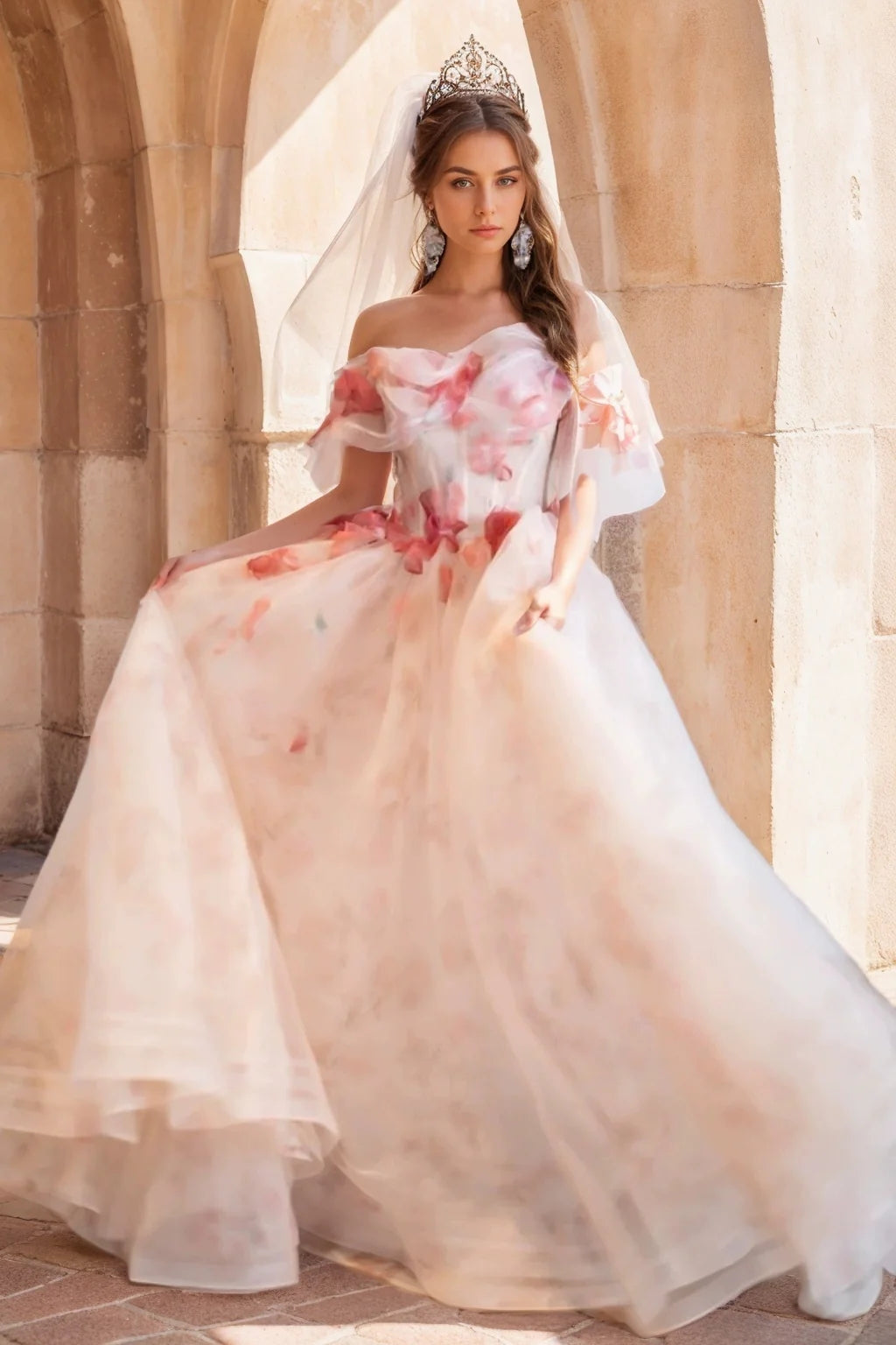 Ball Gown Off-The-Shoulder Sleeveless Floor-length Floral Long Prom Dresses with Flowers BabaMila