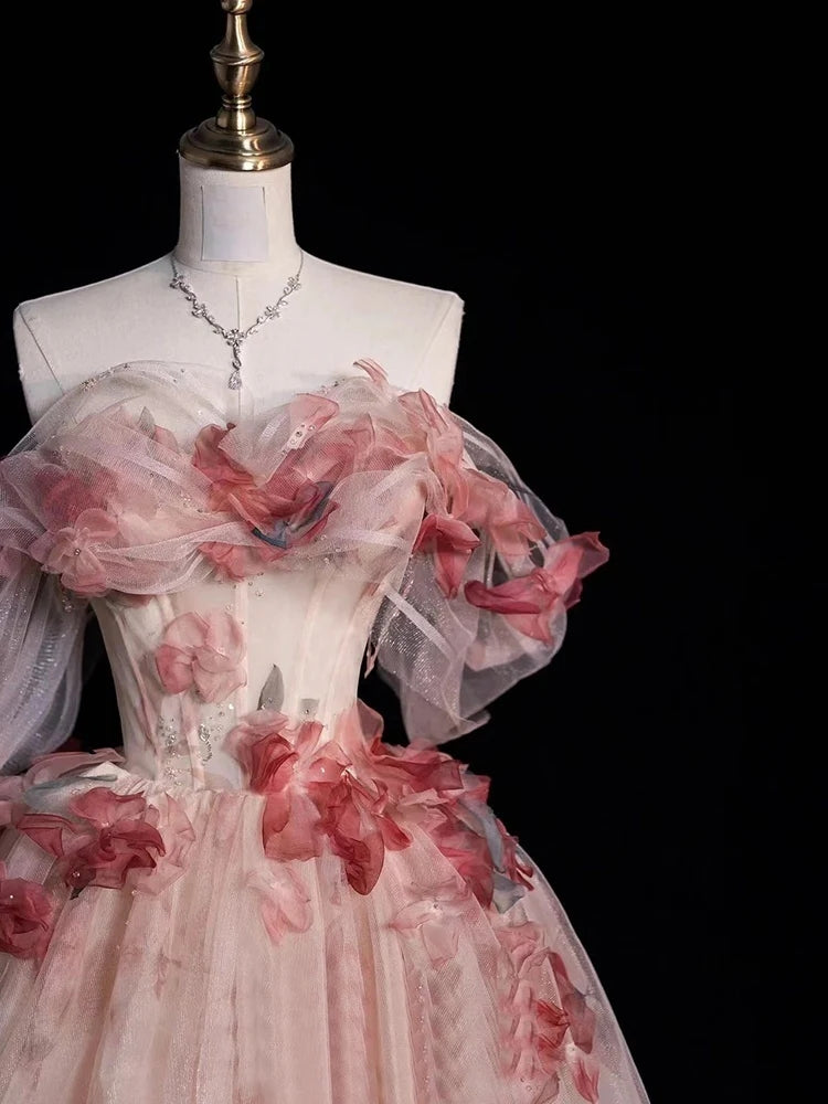 Ball Gown Off-The-Shoulder Sleeveless Floor-length Floral Long Prom Dresses with Flowers BabaMila