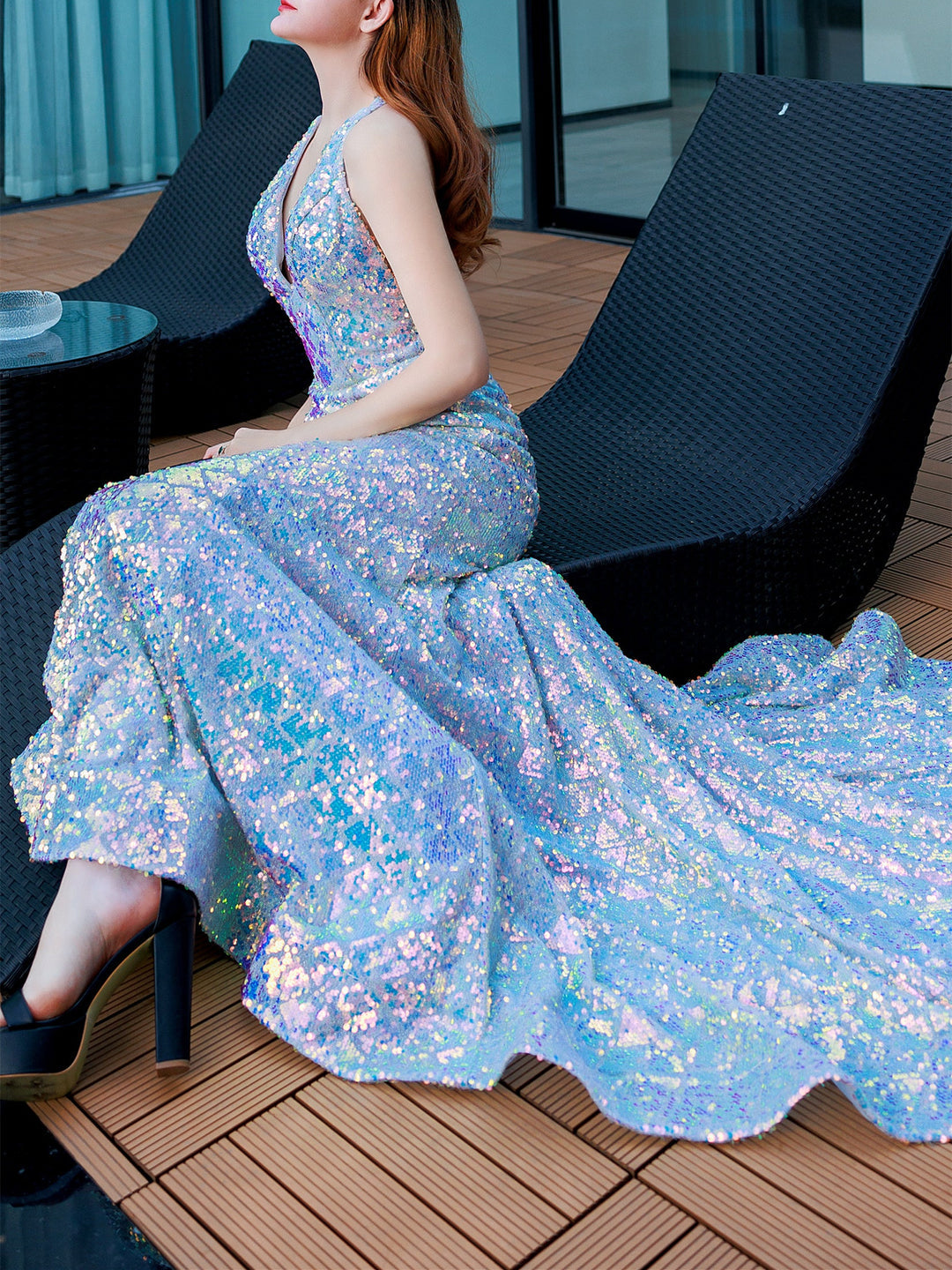 Dazzling Mermaid/Trumpet V-Neck Sleeveless Sweep Train Evening Dresses With Sequins BabaMila