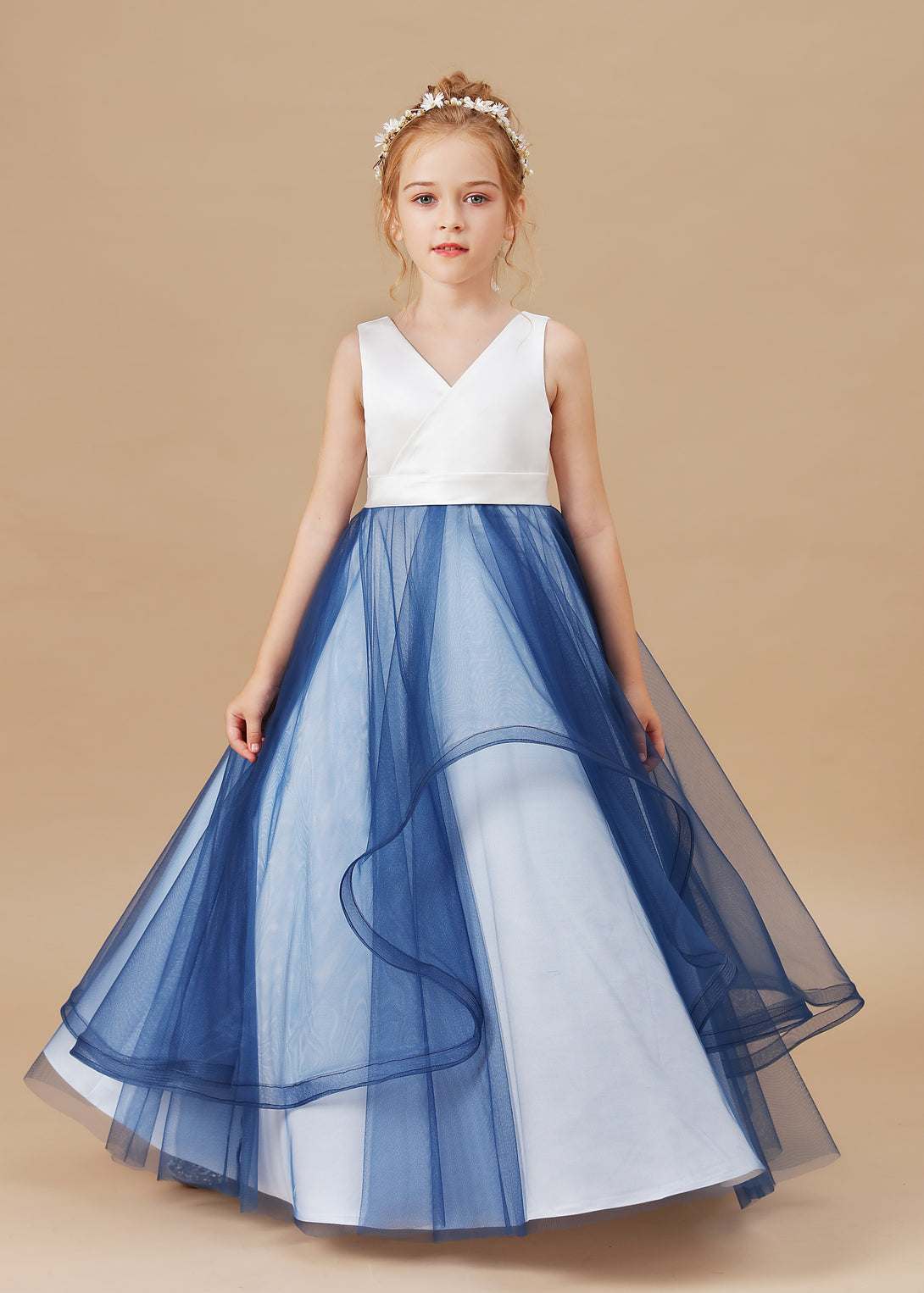 Ball Gown/Princess V-Neck Sleeveless Satin/Tulle Floor-Length Flower Girl Dresses/Girls Birthday Dresses With Belt Girls Gidiondress