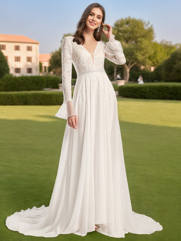 A-Line/Princess Deep V-Neck Long Sleeves Floor Length Wedding Dress with Lace Appliques BabaMila