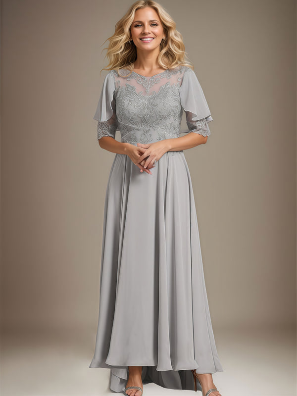 A-Line Scoop Neck Half Sleeve Cape Ankel-Length Lace/Chiffon Mother of the Bride Dress With Appliques/Sweep Train BabaMila