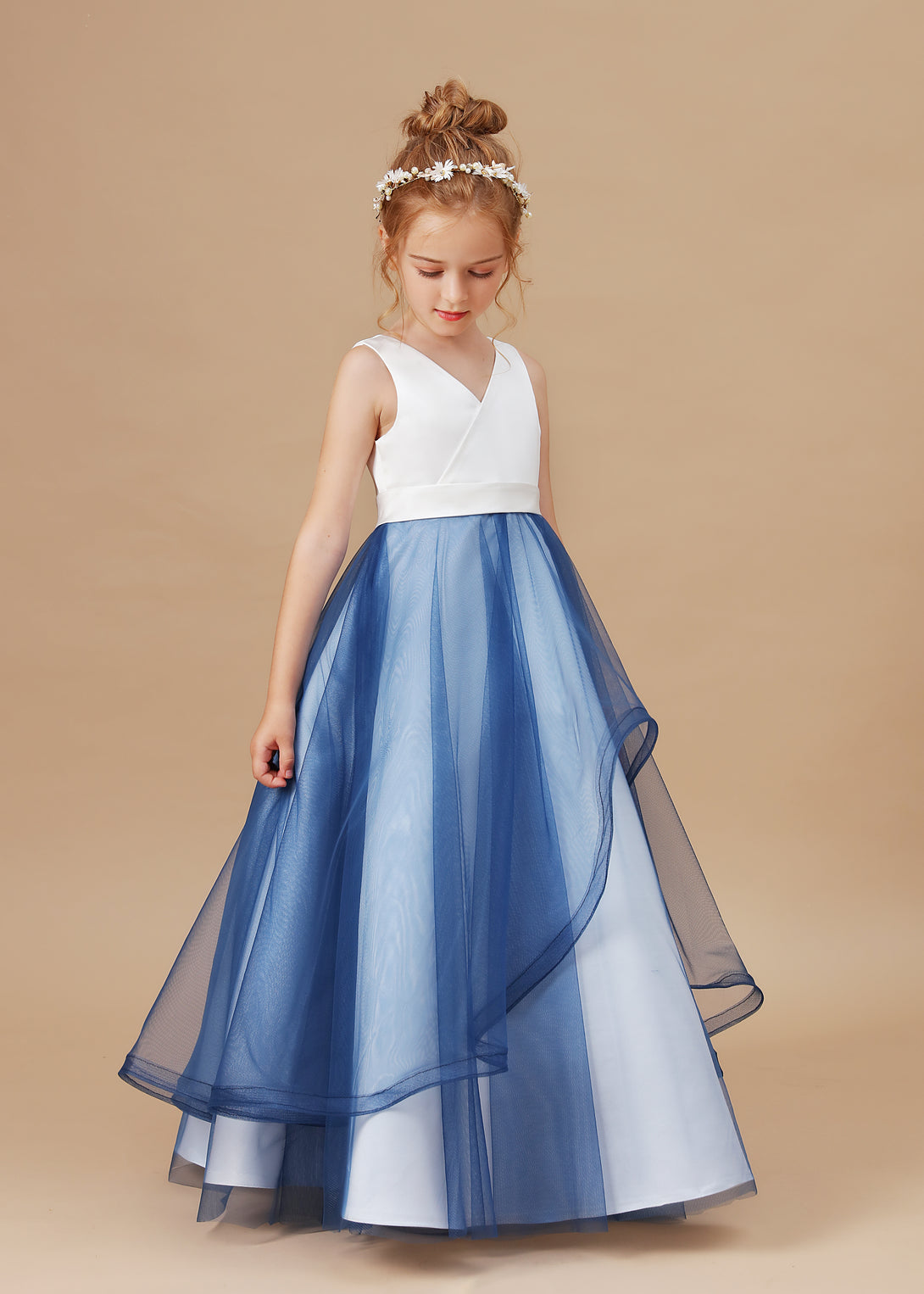Ball Gown/Princess V-Neck Sleeveless Satin/Tulle Floor-Length Flower Girl Dresses/Girls Birthday Dresses With Belt Girls Gidiondress