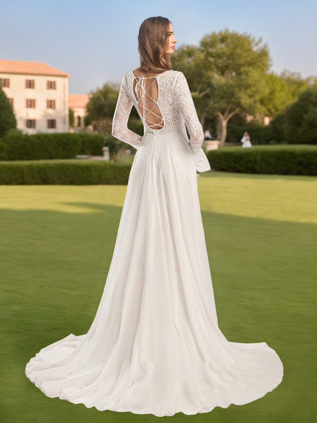 A-Line/Princess Deep V-Neck Long Sleeves Floor Length Wedding Dress with Lace Appliques BabaMila
