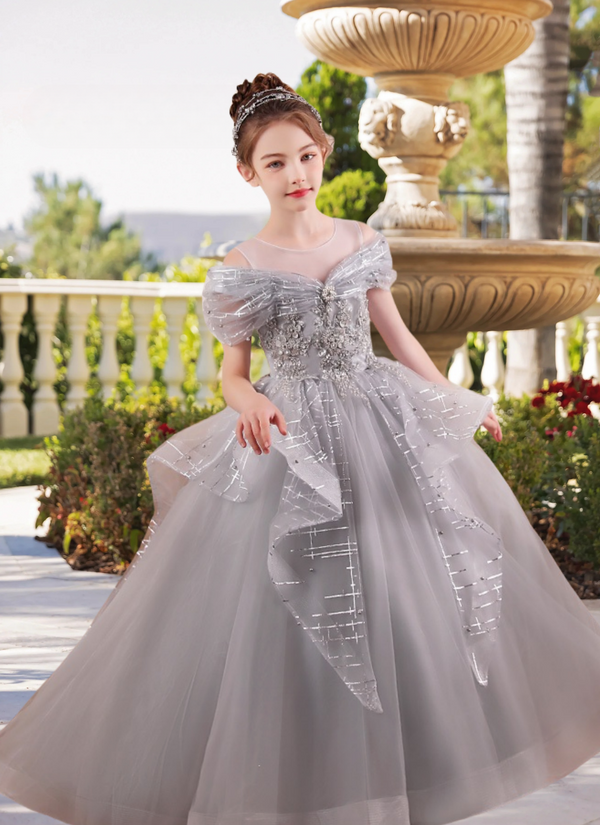 Scoop Neck Cold Shoulder Floor-Length Elegant Printed Tulle/Tulle Girls Birthday Dresses With Appliques/Beads Girls Gidiondress
