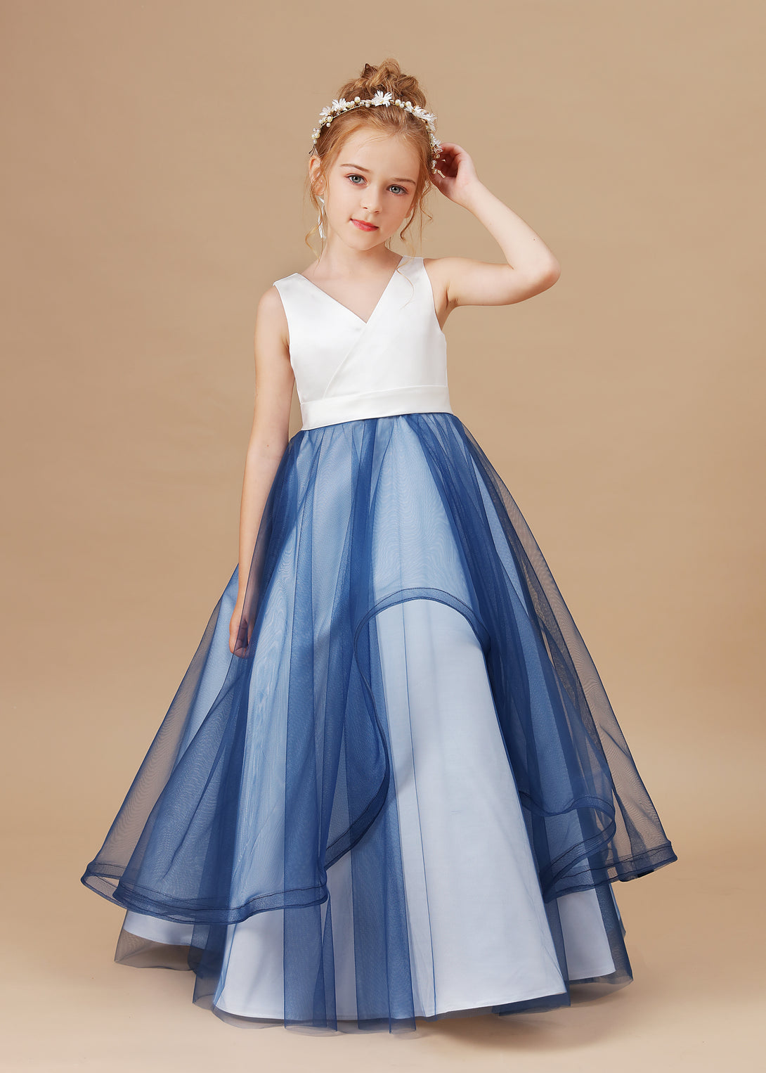 Ball Gown/Princess V-Neck Sleeveless Satin/Tulle Floor-Length Flower Girl Dresses/Girls Birthday Dresses With Belt Girls Gidiondress