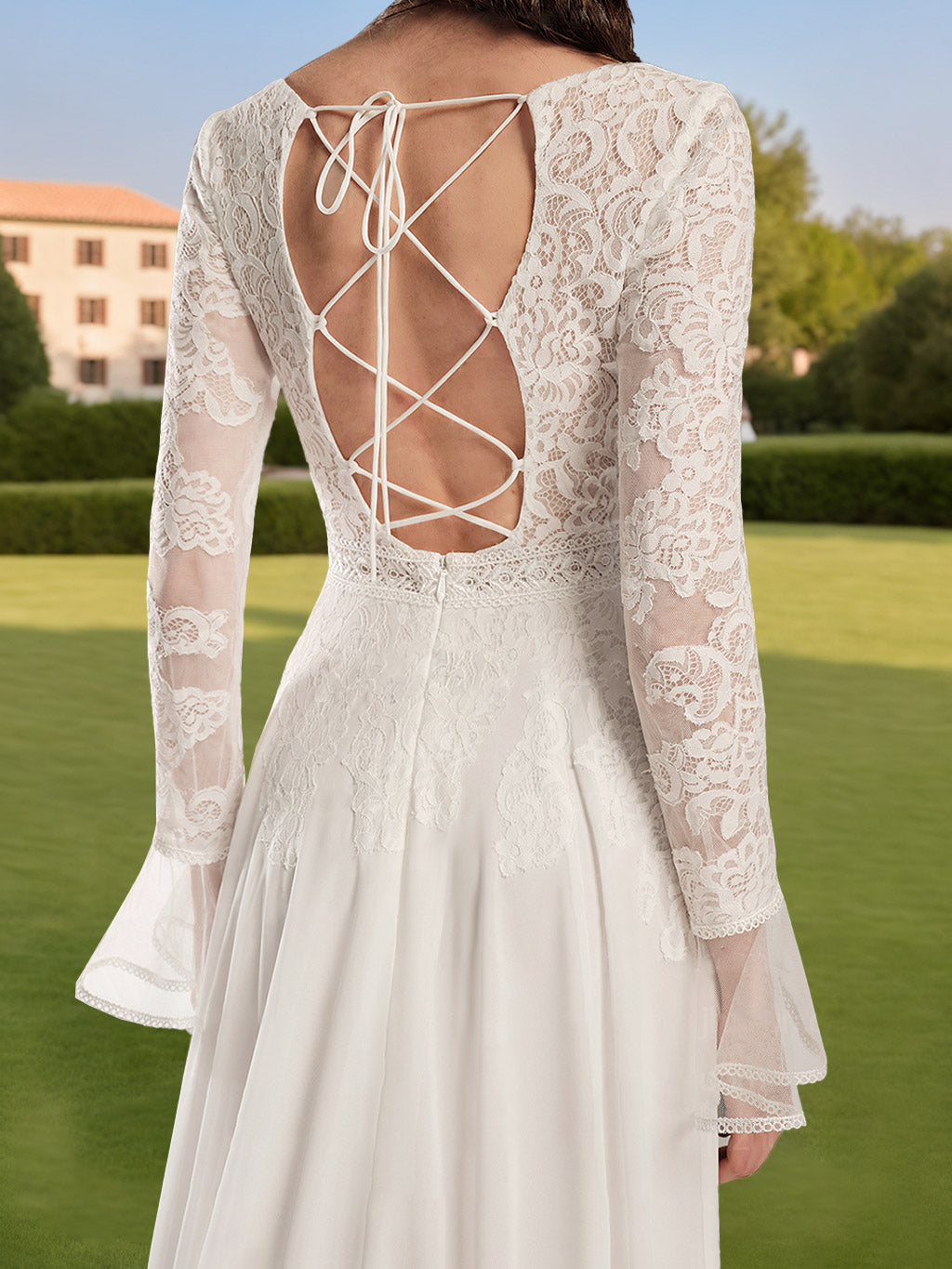 A-Line/Princess Deep V-Neck Long Sleeves Floor Length Wedding Dress with Lace Appliques BabaMila
