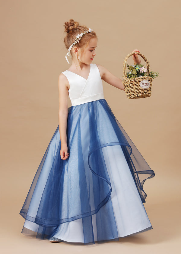 Ball Gown/Princess V-Neck Sleeveless Satin/Tulle Floor-Length Flower Girl Dresses/Girls Birthday Dresses With Belt Girls Gidiondress