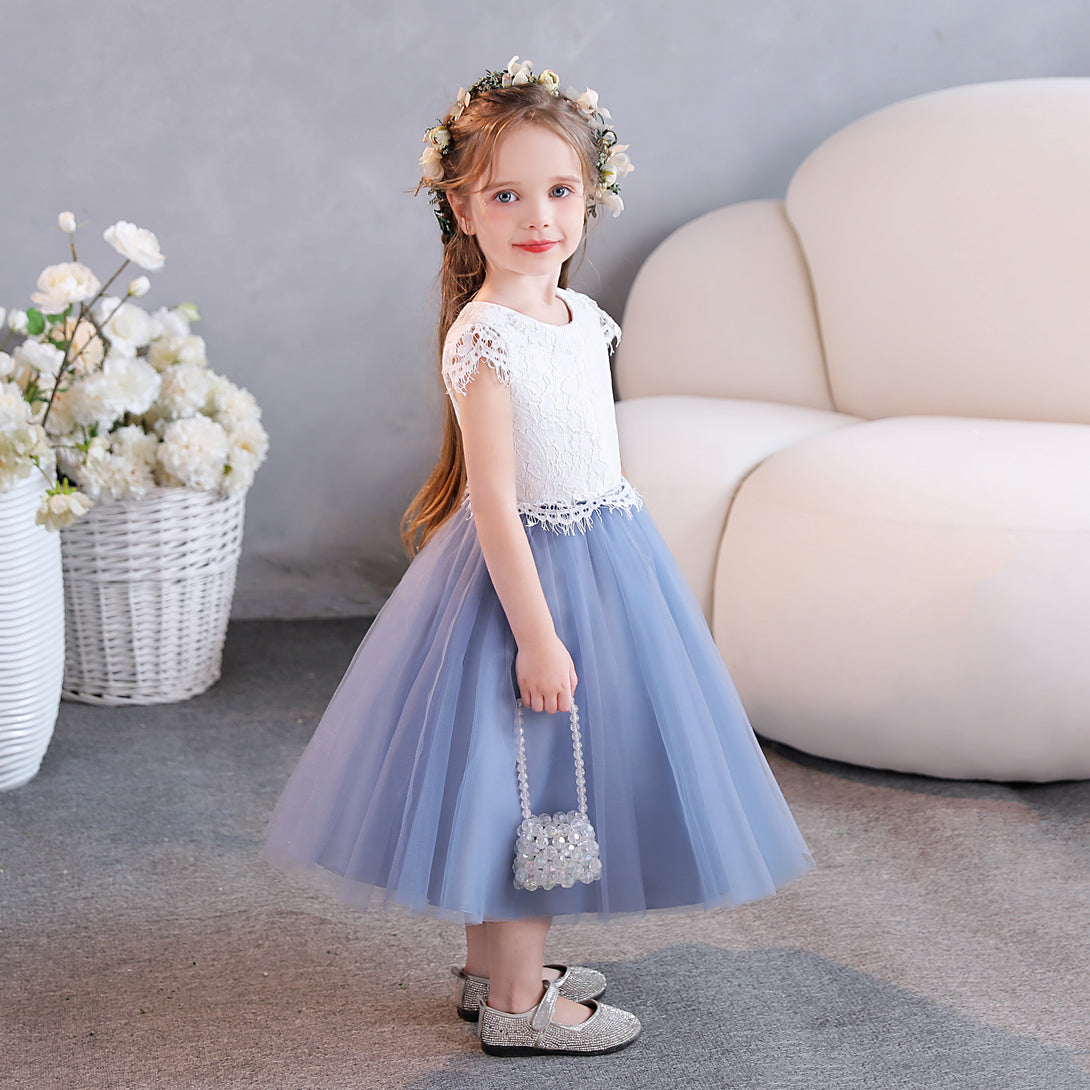 Girls Birthday Dresses Scoop Neck Cap Sleeve Lace/Tulle/Satin Tea-Length Flower Girl Dresses/Party Dresses With Lace Girls Gidiondress as picture 12M