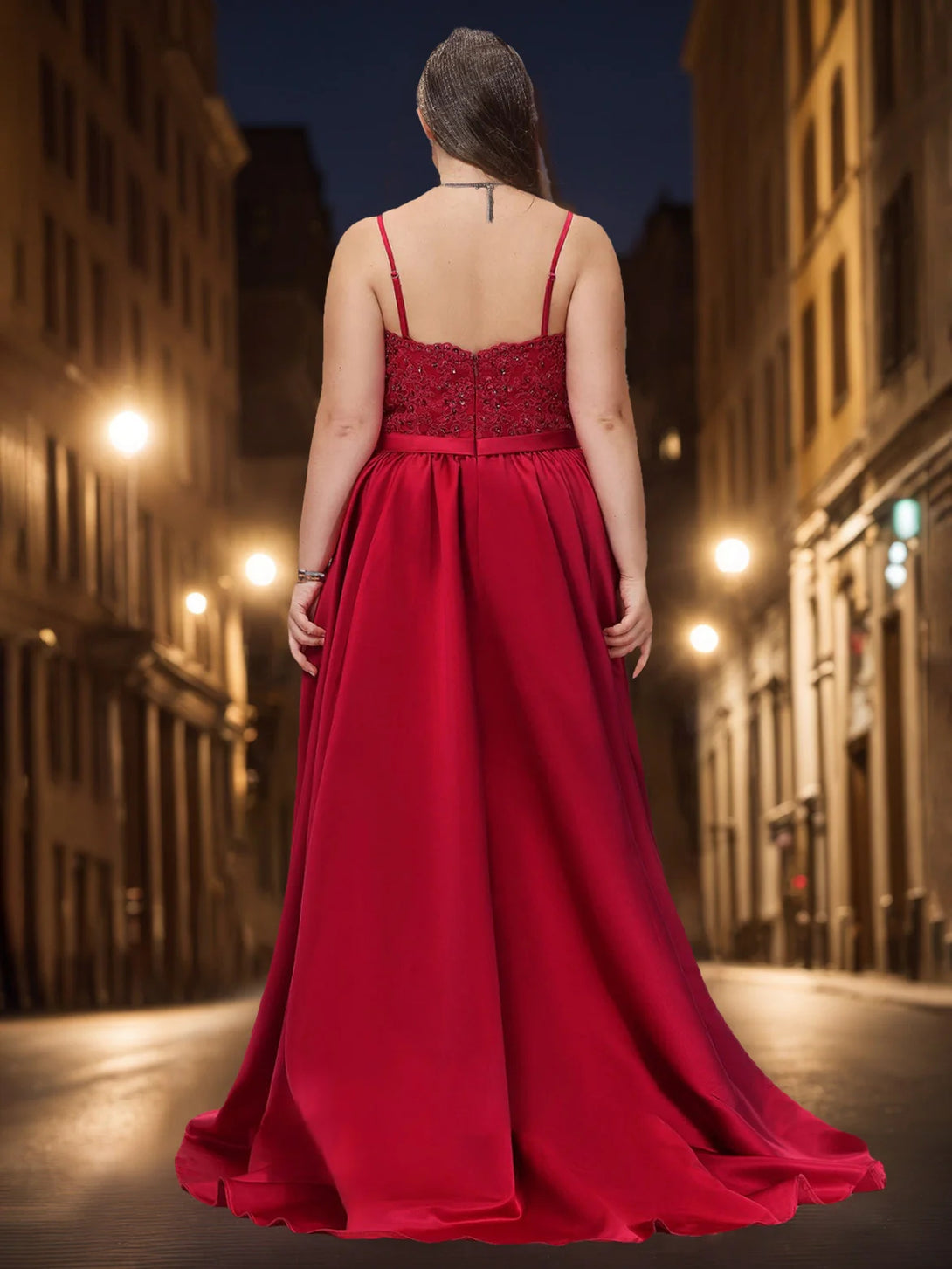 A-Line/Princess V-Neck Sleeveless Floor-Length Plus Size Prom Dresses With Appliques & Split Side BabaMila