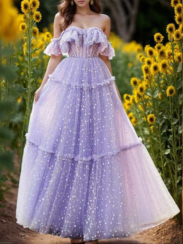 A-Line Printed Tulle Off-the-shoulder Sweetheart Prom Dress with Polka Dots/Ruffled Hem BabaMila