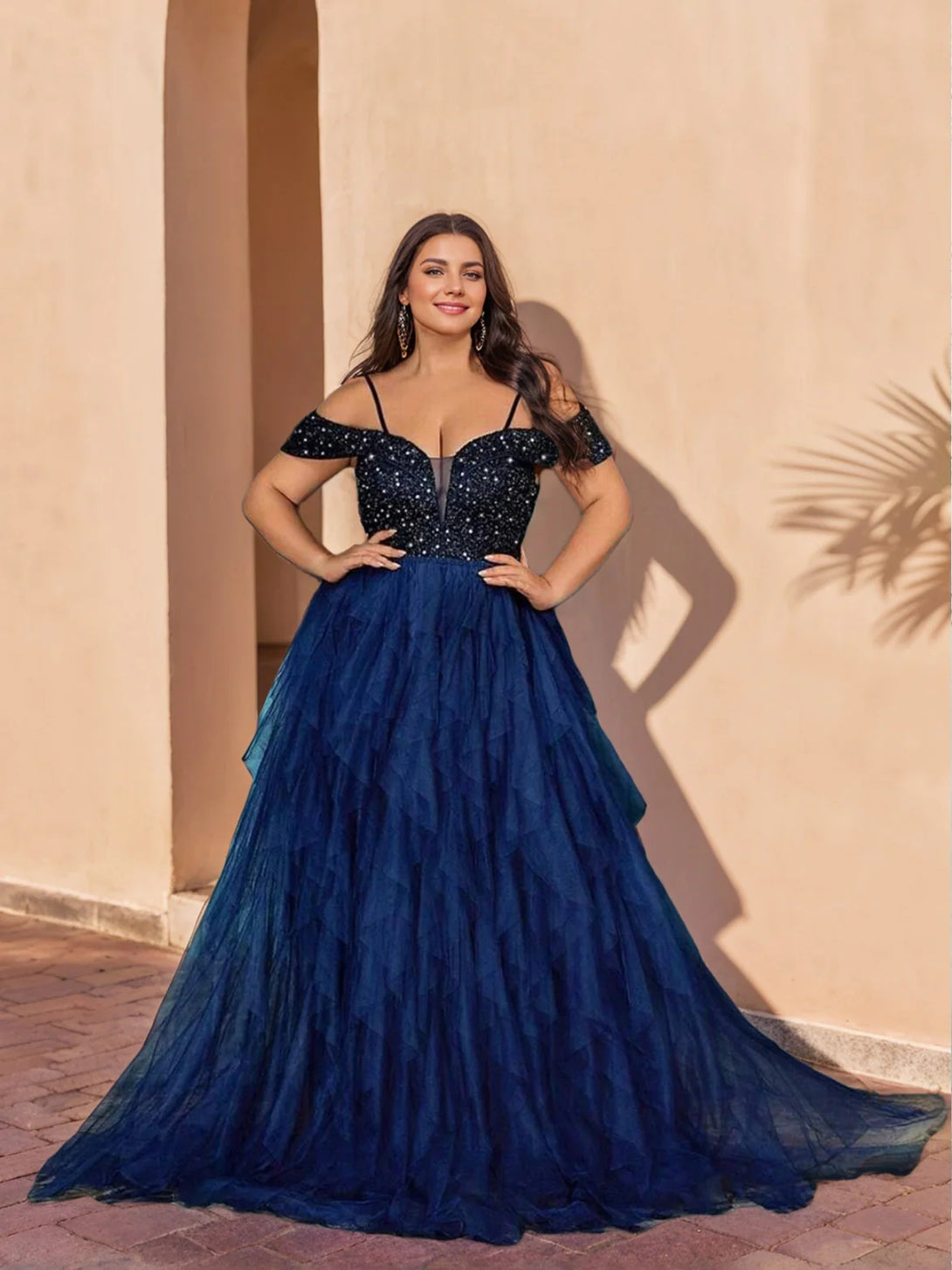 A-Line/Princess Off-the-Shoulder Floor-length Sequined Plus Size Prom Dresses BabaMila