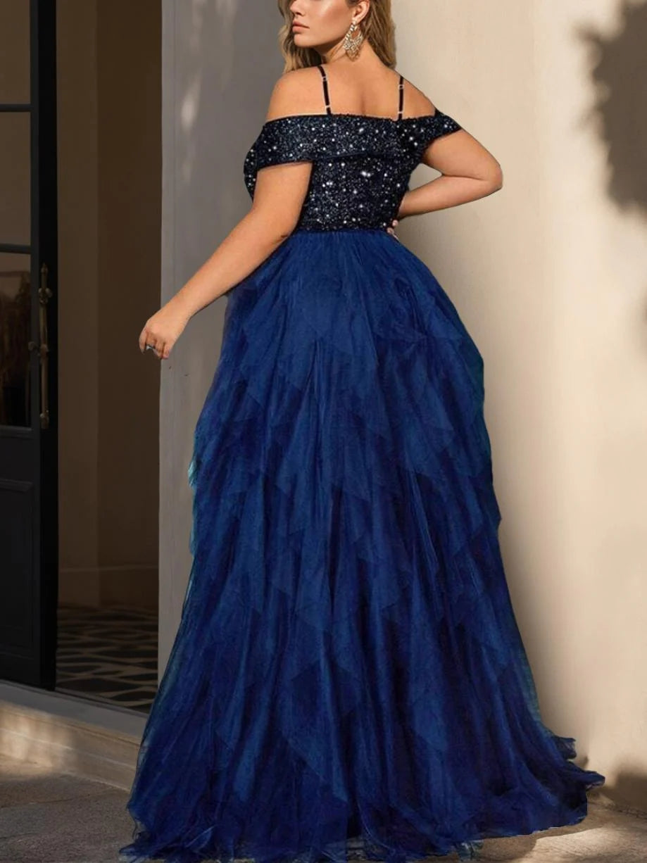 A-Line/Princess Off-the-Shoulder Floor-length Sequined Plus Size Prom Dresses BabaMila