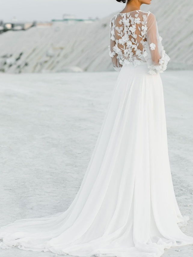 A-Line/Princess V-Neck Floor-Length Wedding Dress With Appliques BabaMila