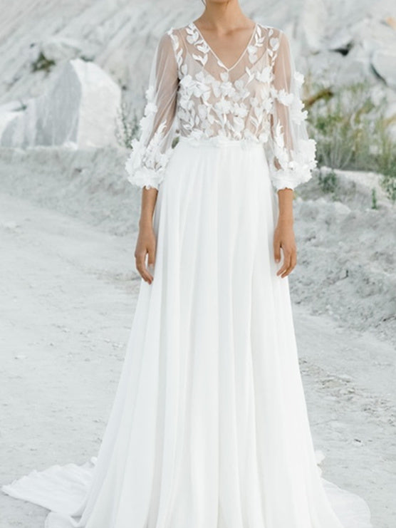 A-Line/Princess V-Neck Floor-Length Wedding Dress With Appliques BabaMila