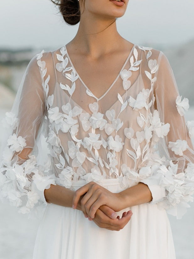 A-Line/Princess V-Neck Floor-Length Wedding Dress With Appliques BabaMila