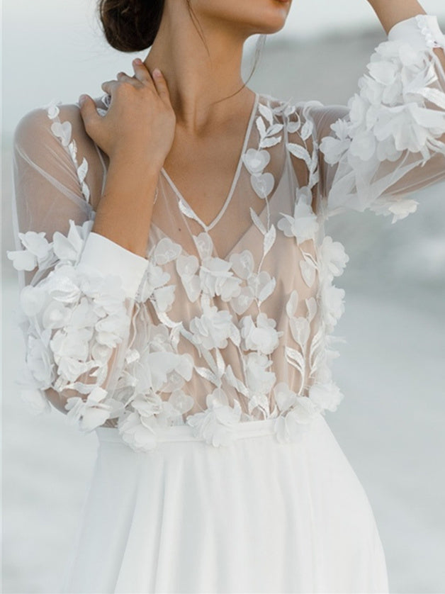 A-Line/Princess V-Neck Floor-Length Wedding Dress With Appliques BabaMila