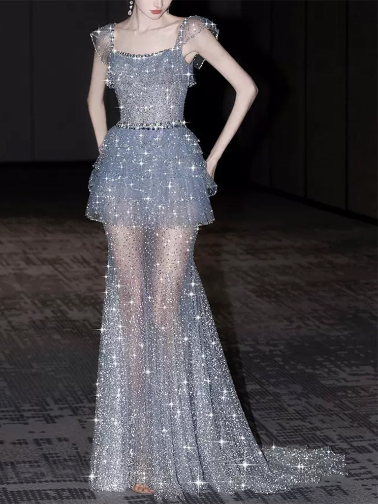 Mermaid Sequined Lace Flutter Straps Square Neck Prom Dress with Beads/Ruffles BabaMila