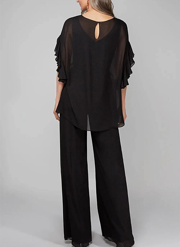 Jumpsuits Scoop Half Sleeves Chiffon Mother Of The Bride Pantsuits BabaMila
