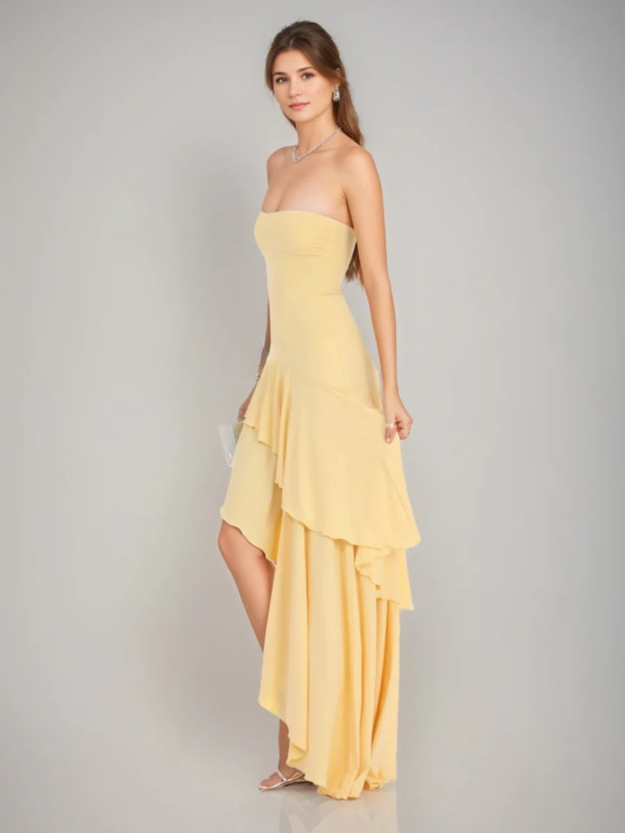 A-Line/Princess Romantic Strapless Asymmetrical Prom Dresses with Ruffles BabaMila