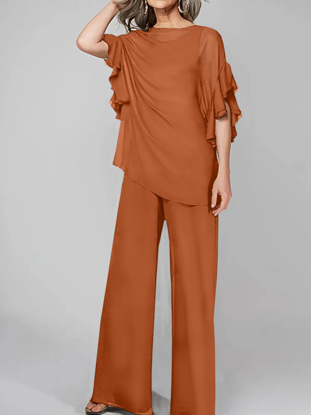 Jumpsuits Scoop Half Sleeves Chiffon Mother Of The Bride Pantsuits BabaMila