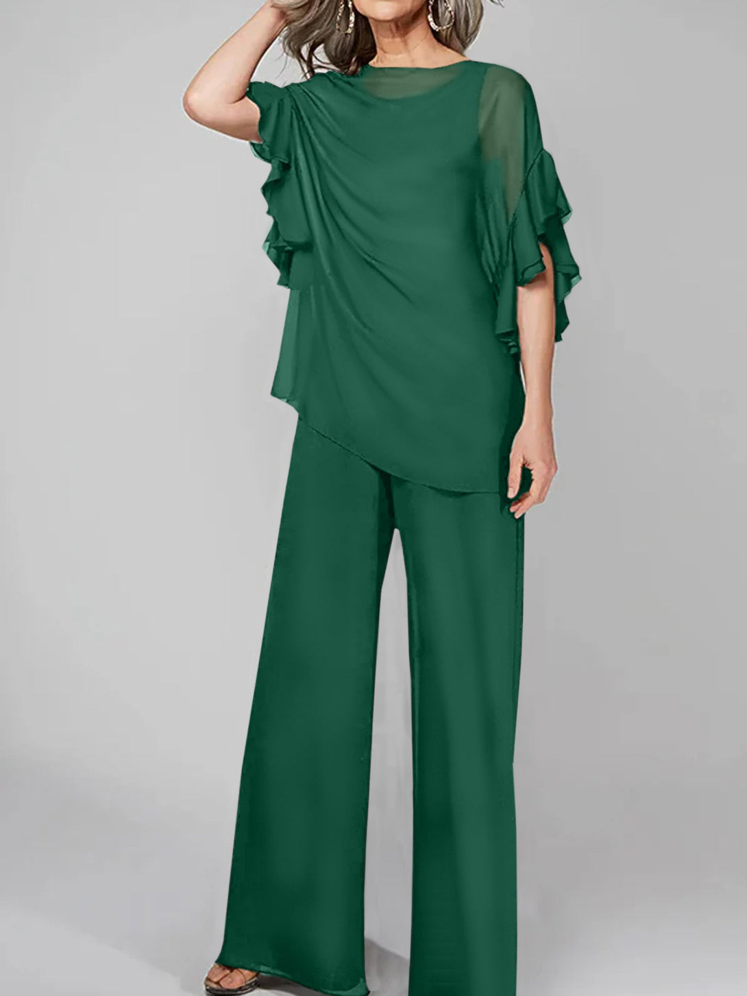 Jumpsuits Scoop Half Sleeves Chiffon Mother Of The Bride Pantsuits BabaMila