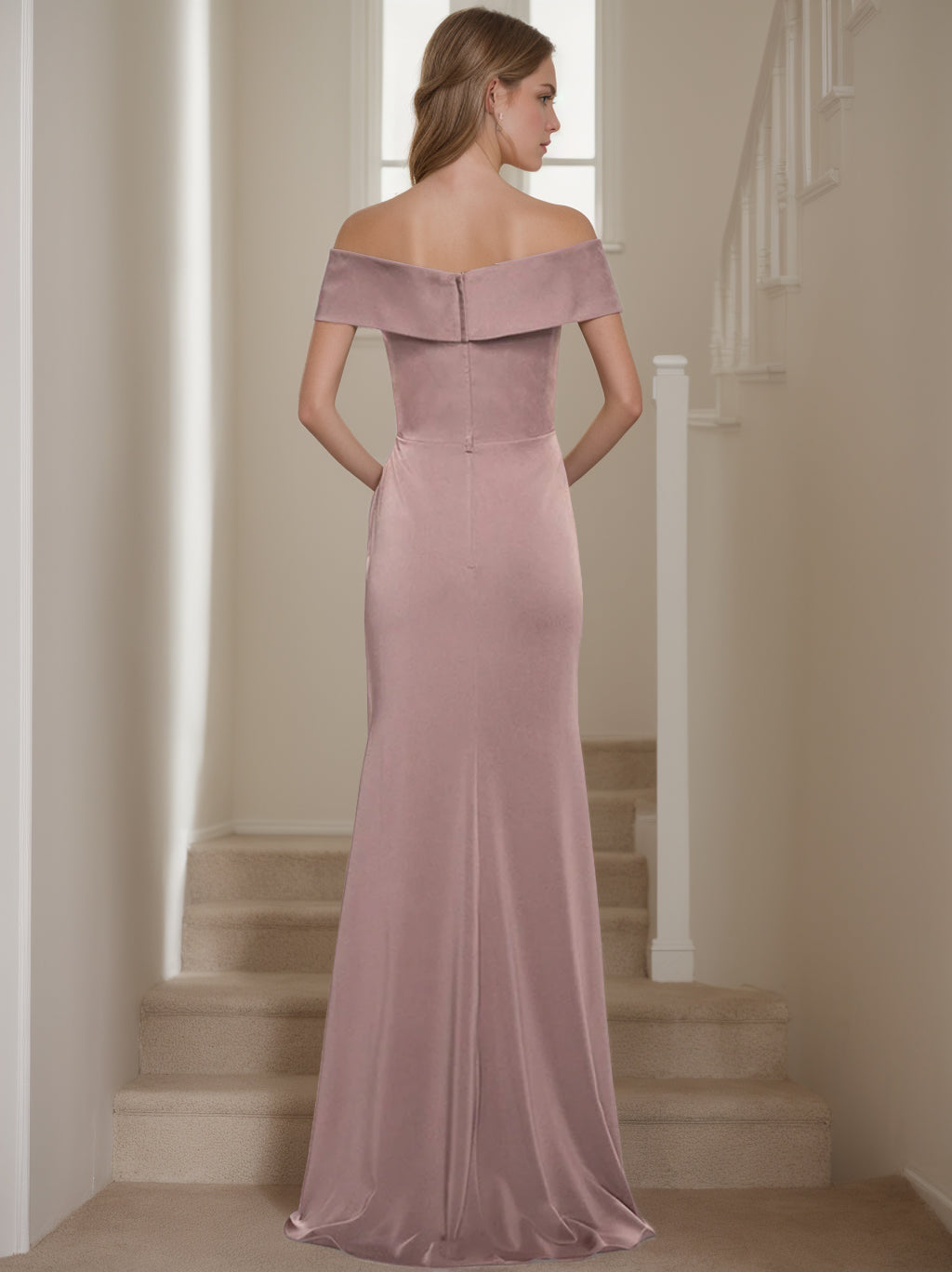 Sheath/Column Off-the-Shoulder Short Sleeves Floor-Length Bride Dresses With Ruffles BabaMila