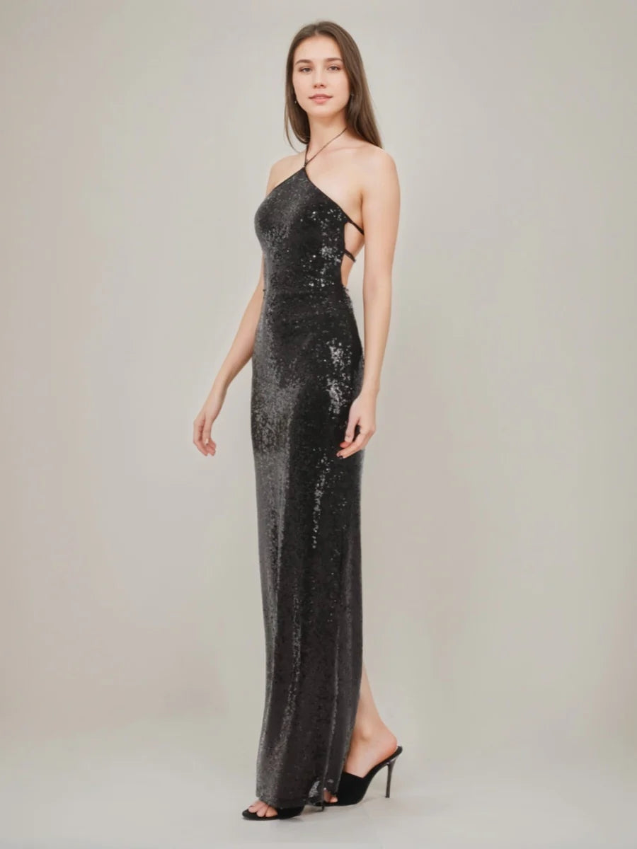 Sheath/Column Halter Backless Sequined Prom Dresses with Self-tie & Slit BabaMila