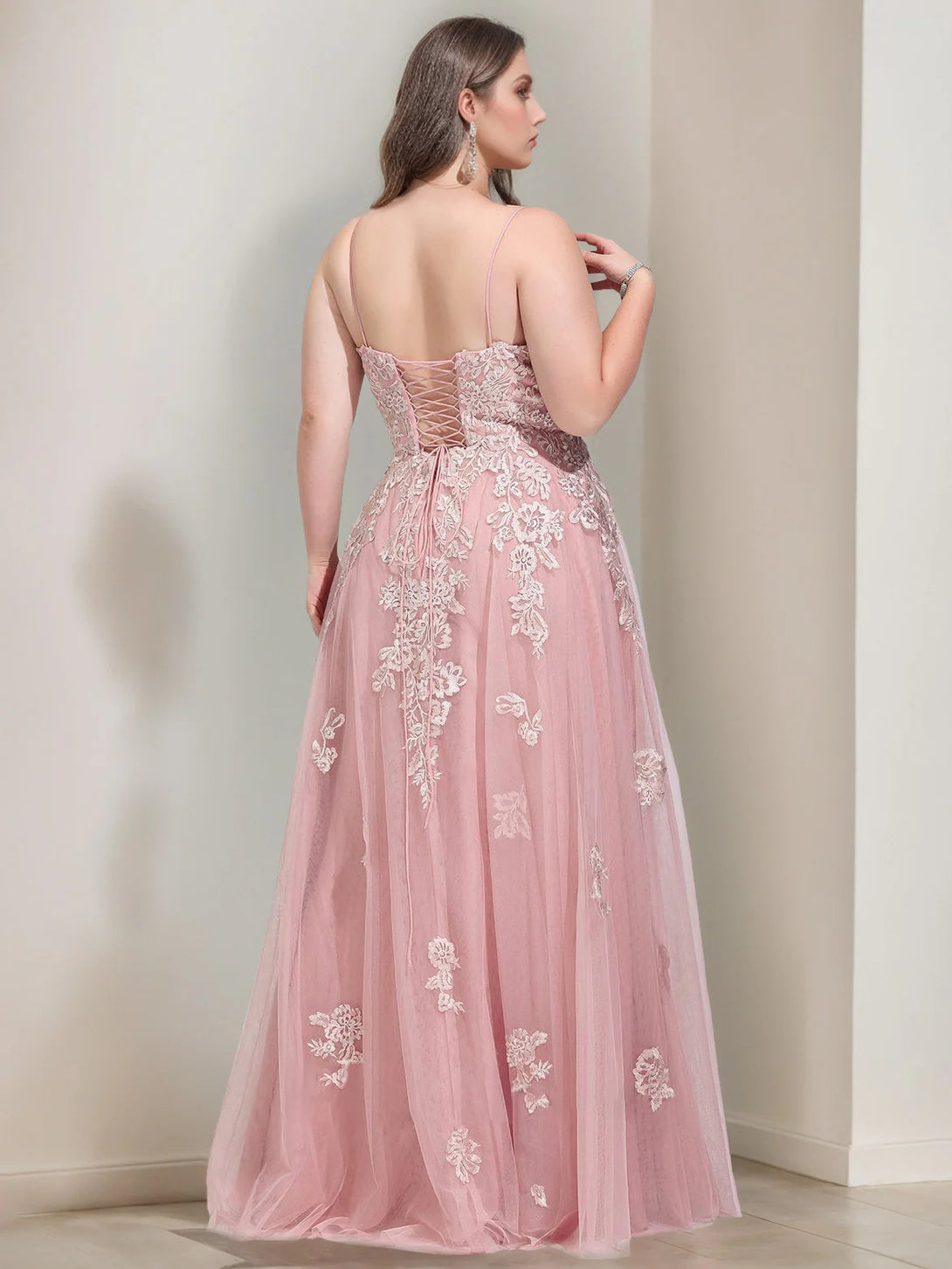 Ball Gown V-Neck Spaghetti Straps Sleeveless Floor-Length Tulle Plus Size Prom Dresses with Sequins BabaMila