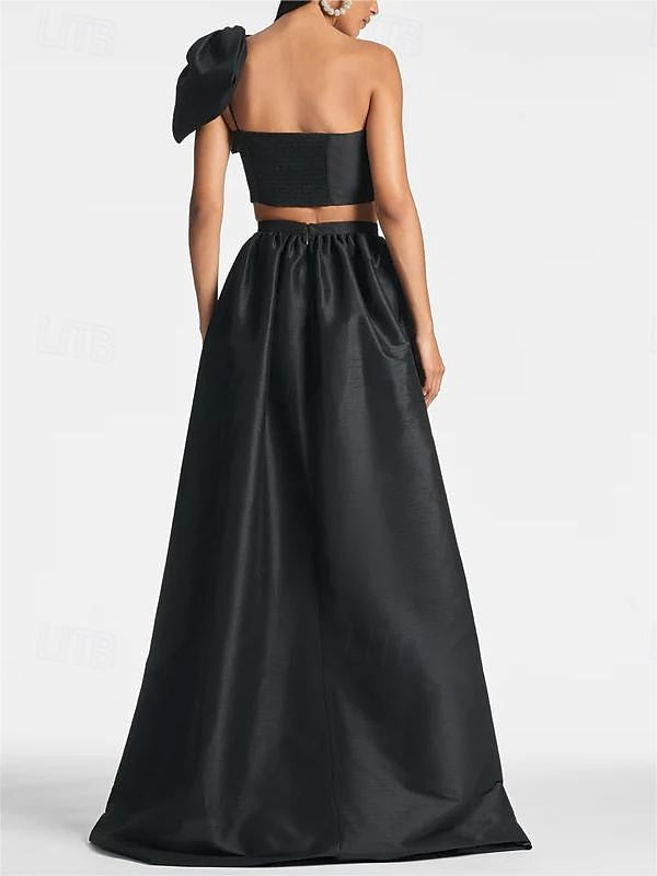 A-Line/Princess One-Shoulder Floor-Length Sleeveless Wedding Guest Dresses Satin with Pocket/Bow BabaMila