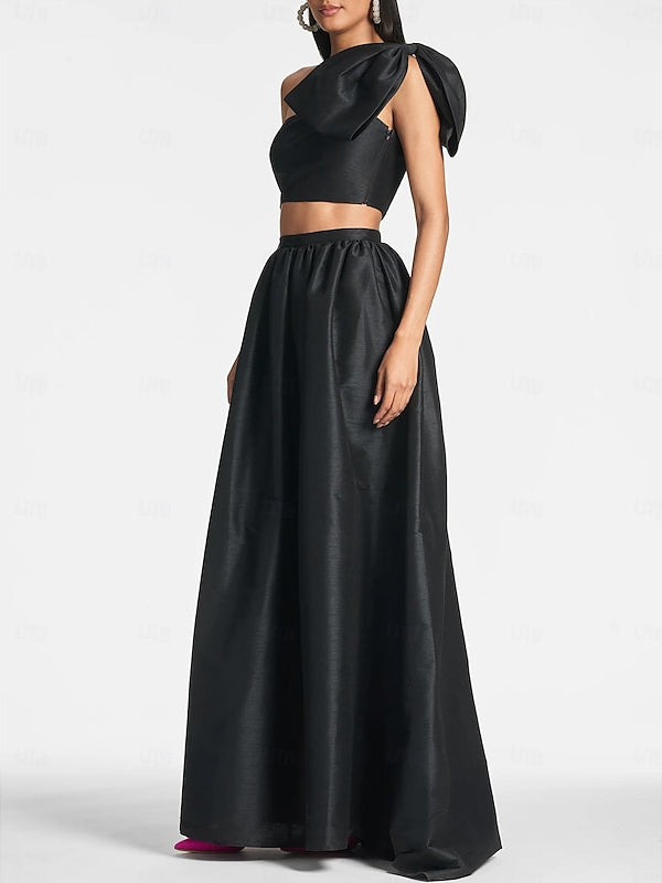 A-Line/Princess One-Shoulder Floor-Length Sleeveless Wedding Guest Dresses Satin with Pocket/Bow BabaMila