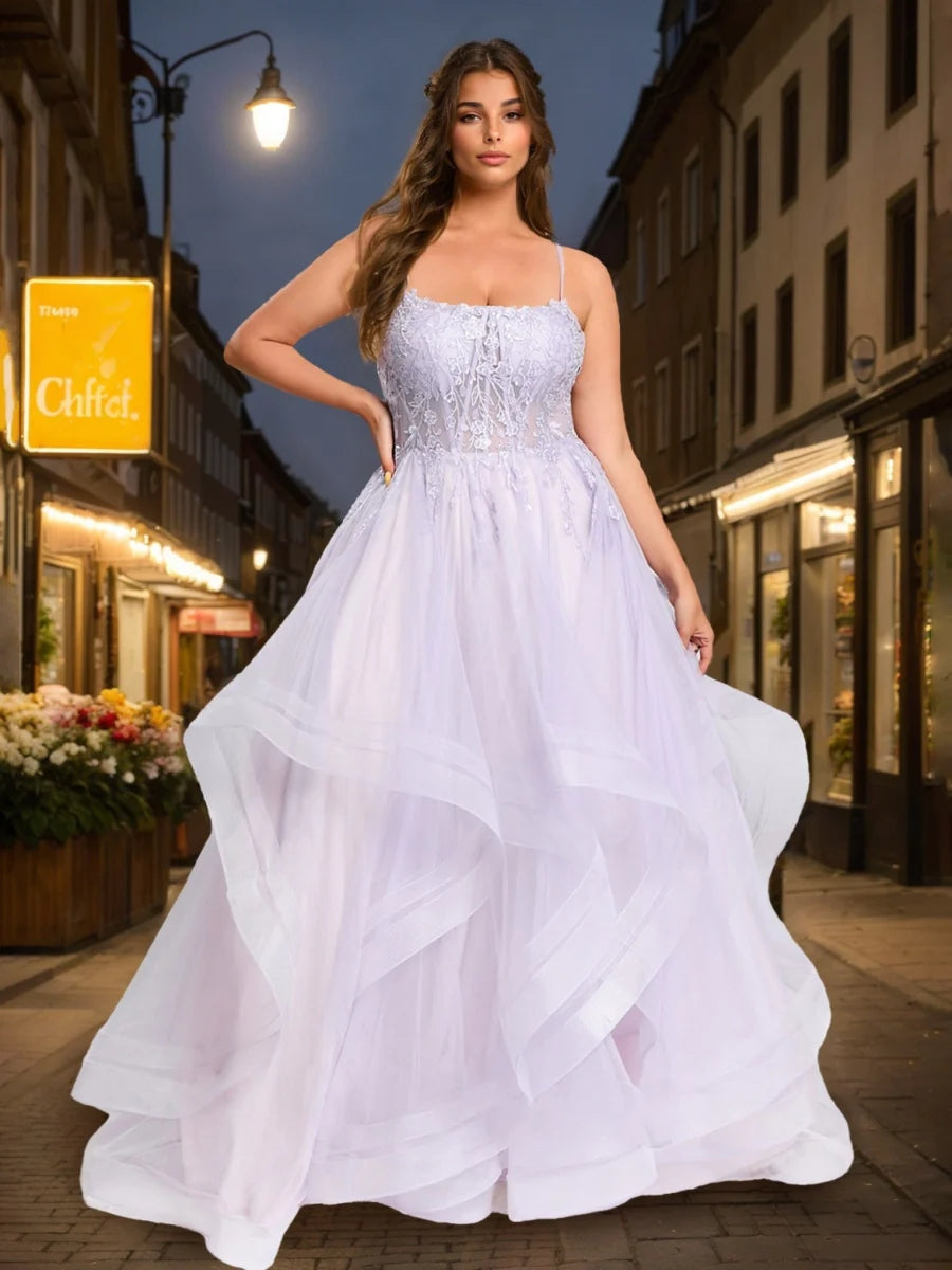 Ball Gown Square Neck Spaghetti Straps Floor-Length Tulle Plus Size Prom Dresses with Appliques BabaMila