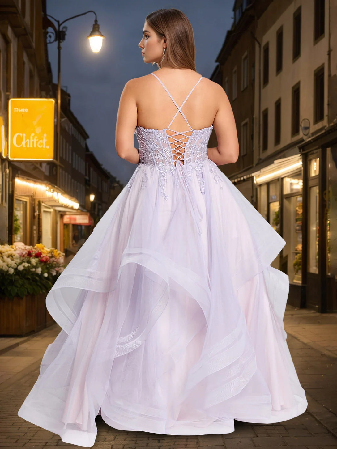 Ball Gown Square Neck Spaghetti Straps Floor-Length Tulle Plus Size Prom Dresses with Appliques BabaMila