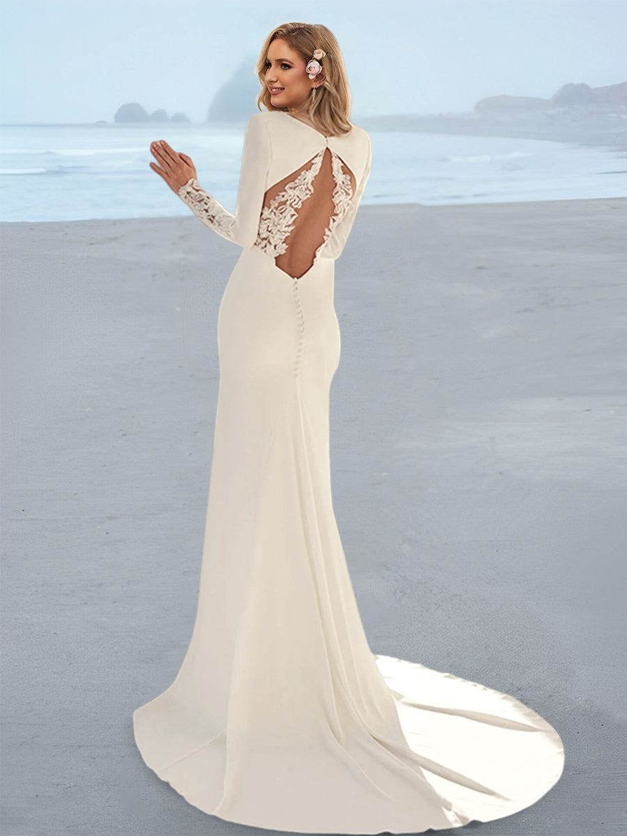 Trumpet/Mermaid Elastic Satin Long Sleeve V-Neck Wedding Dress with Applique BabaMila