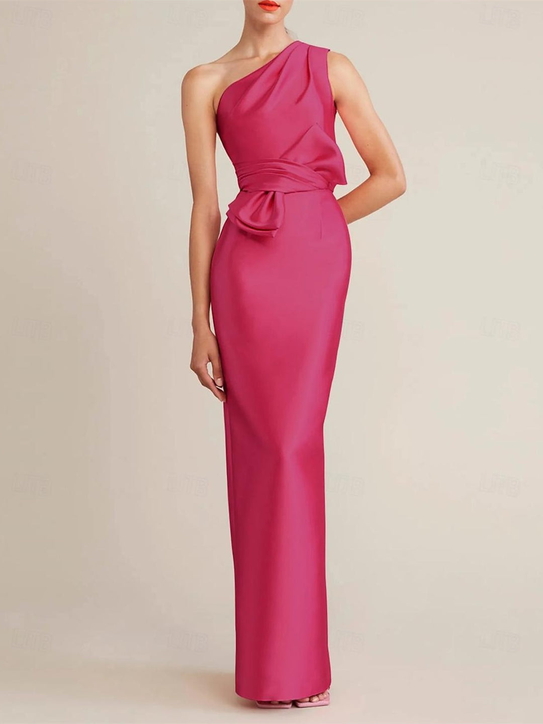 Sheath/Column Floor Length Sleeveless One Shoulder Wedding Guest Dresses Satin with Bow(s)/Pocket BabaMila