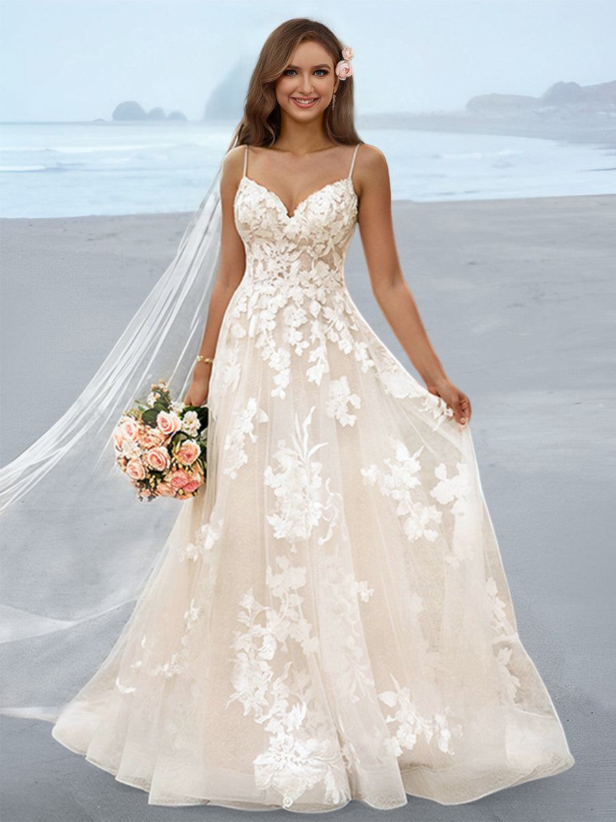 A-Line/Princess Spaghetti Straps Floor-Length Wedding Dress with Applique BabaMila