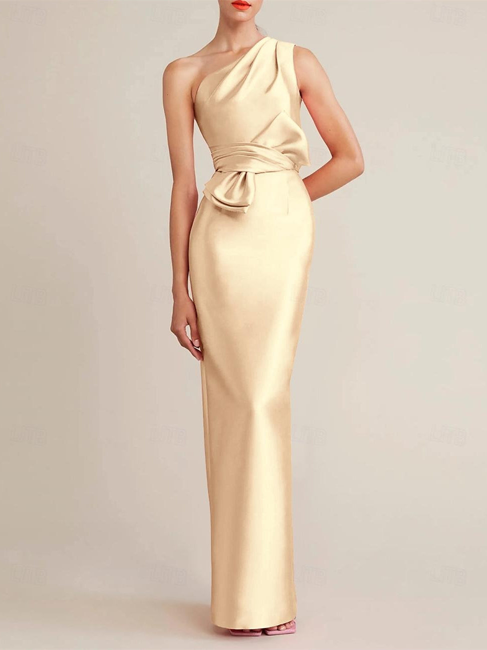 Sheath/Column Floor Length Sleeveless One Shoulder Wedding Guest Dresses Satin with Bow(s)/Pocket BabaMila