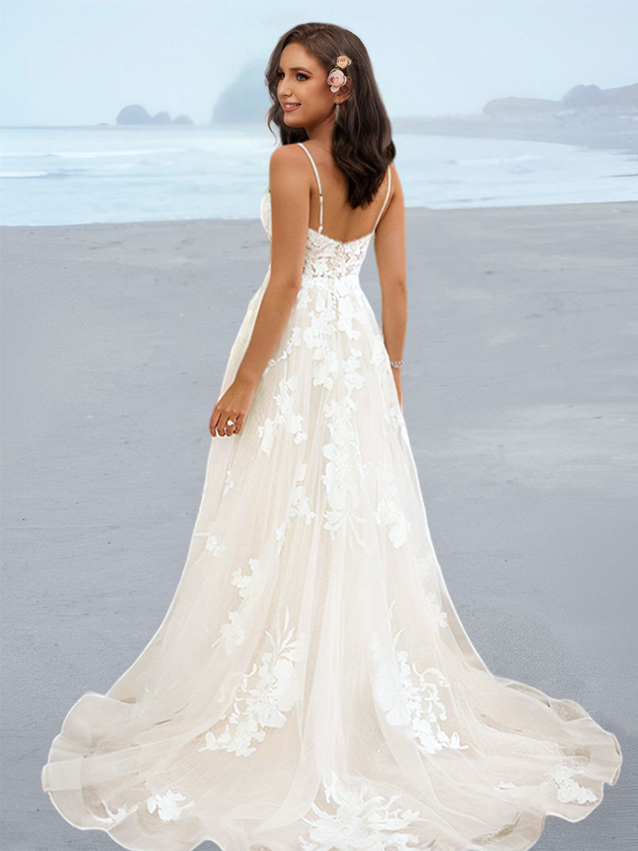 A-Line/Princess Spaghetti Straps Floor-Length Wedding Dress with Applique BabaMila