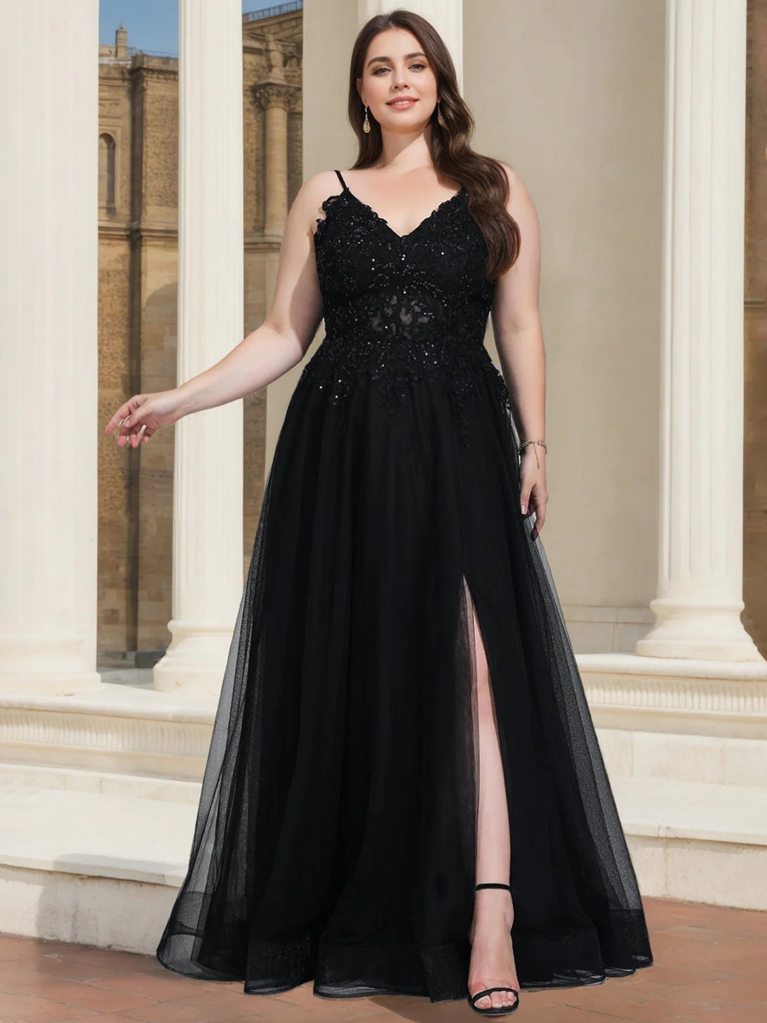 A-Line/Princess V-Neck Sleeveless Floor-Length Plus Size Prom Dresses With Sequins & Split Side BabaMila