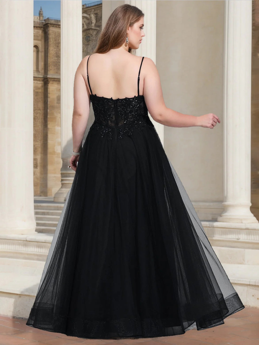 A-Line/Princess V-Neck Sleeveless Floor-Length Plus Size Prom Dresses With Sequins & Split Side BabaMila