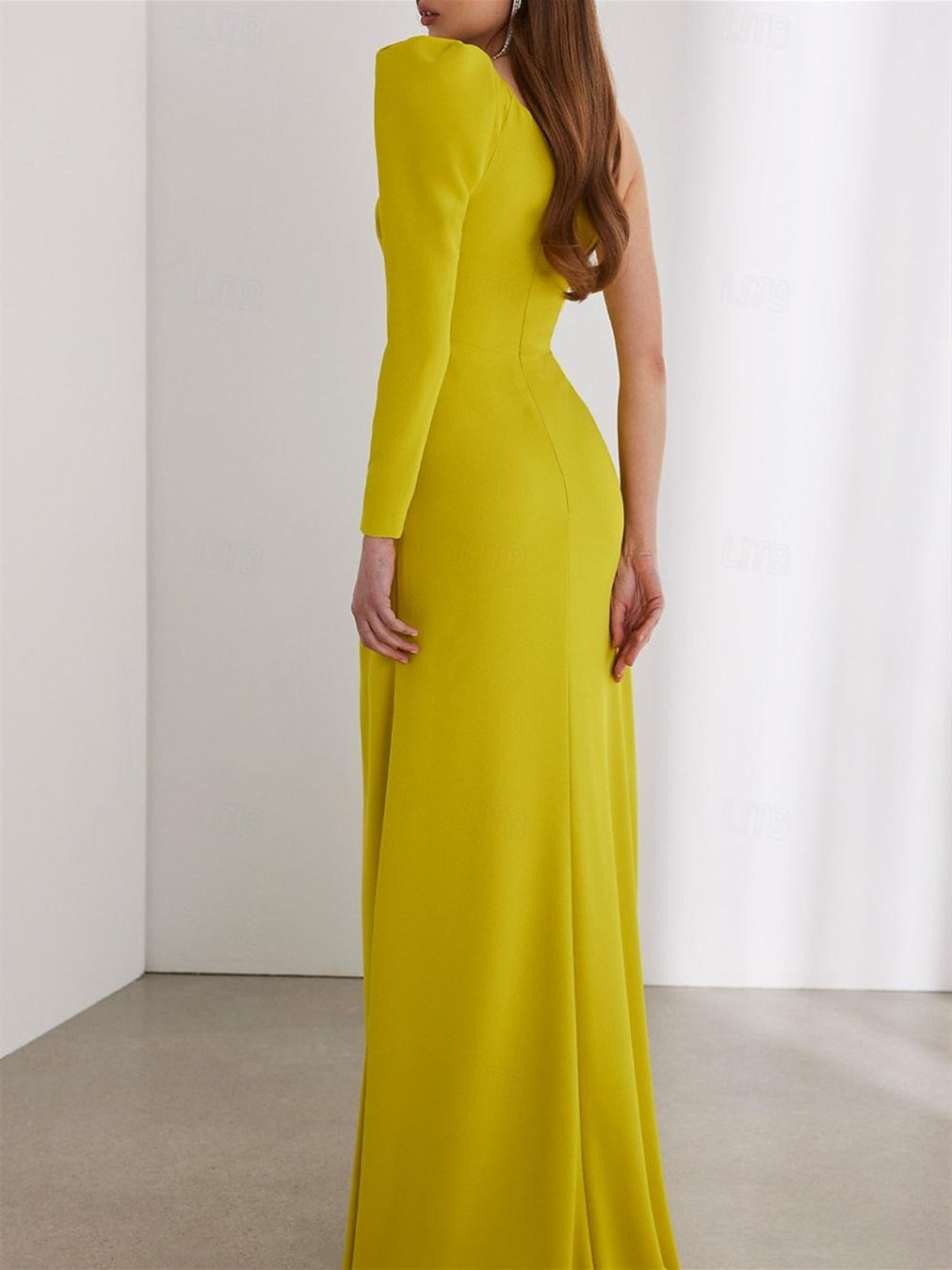 Column Floor Length Long Sleeve One Shoulder Wedding Guest Dresses Stretch Chiffon With Ruched BabaMila