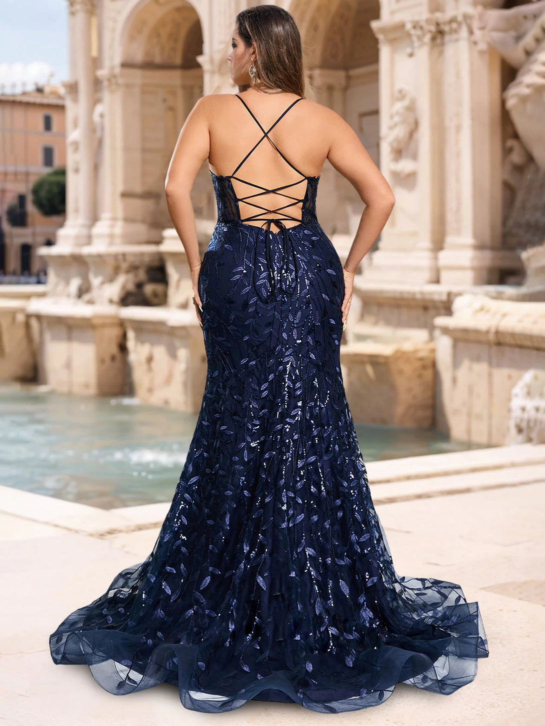 Trumpet/Mermaid V-Neck Floor-length Plus Size Prom Dresses with Split Side & Sequins BabaMila