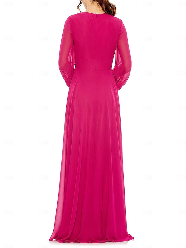 A-Line Floor Length Long Sleeve V Neck Wedding Guest Dresses Chiffon with Pleat BabaMila